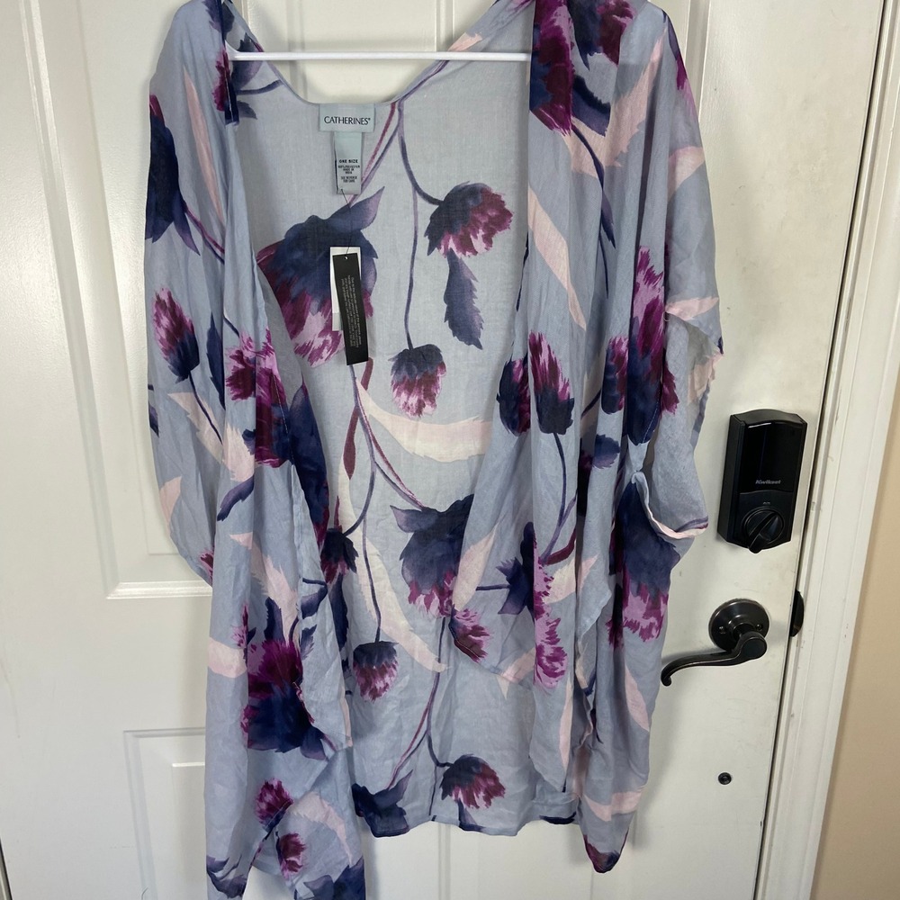 Catherines Floral Print Kimono Topper‎ One Size Purple Blue Lightweight